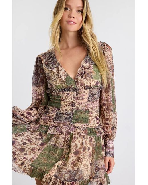 Lulus Brown Ismini Multi Patchwork Long Sleeve Mini Dress
