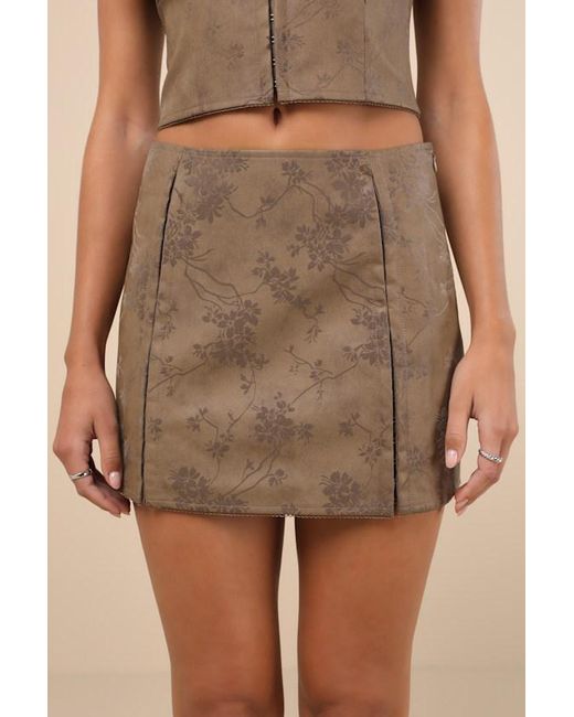 Lulus Brown Coveted Floral Vegan Leather Mini Skirt