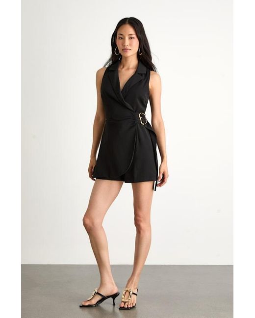 Lulus Black Angie Collared Wrap Belted Romper