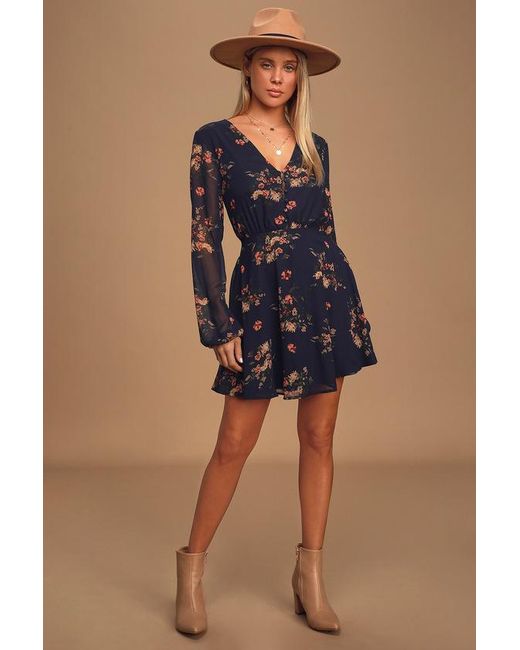 Lulus Blue Always Yours Floral Print Long Sleeve Skater Dress