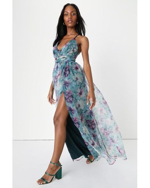 Lulus Blue Romance That Wows Dark Floral Print Organza Maxi Dress