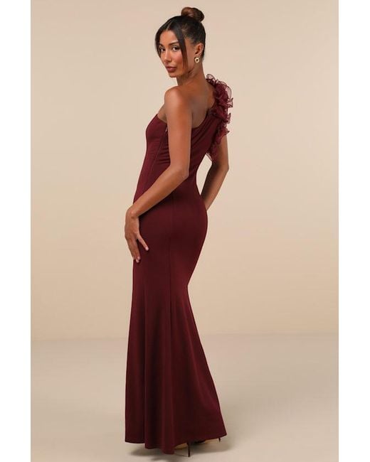 Lulus Red Stunning Significance Plum One-Shoulder 3D Ruffled Maxi Dress