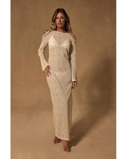 Lulus Natural Sunbeam Cream Crochet Sequin Maxi Swim Cover-Up