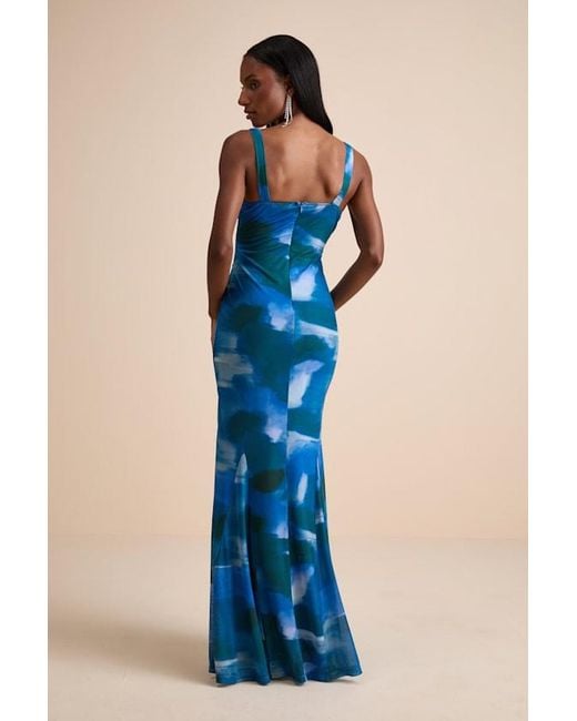 Lulus Blue Zemina Abstract Godet Pleated Mermaid Maxi Dress