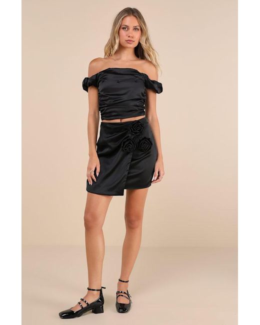 ZEMETA Black Rose Satin Rosette Off-The-Shoulder Puff Sleeve Top