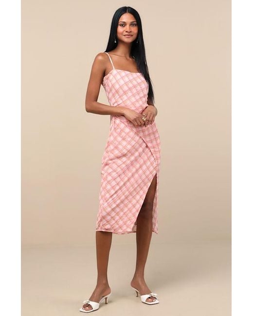 Lulus Pink Jenise Plaid Faux-Wrap Midi Dress