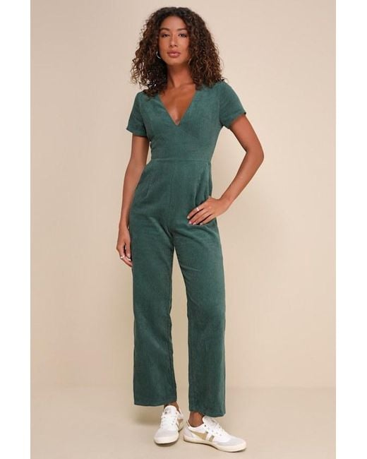 Lulus Green Absolute Cutest Dark Corduroy Short Sleeve Jumpsuit