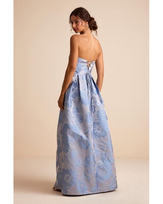 Lulus Blue Laurelin Floral Jacquard Pleated Strapless Maxi Dress