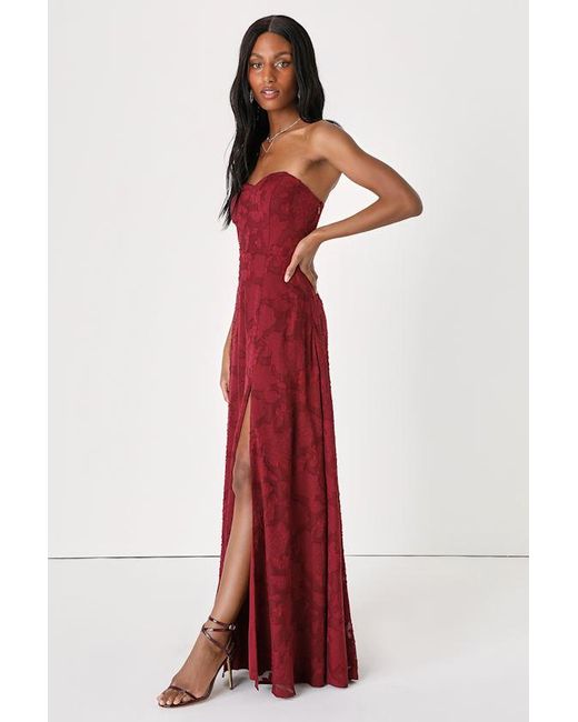 Lulus Red Garden Of Romance Floral Burnout Strapless Maxi Dress