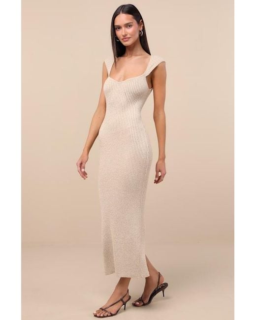 Lulus Natural Chiara Ribbed Knit Cap Sleeve Midi Dress