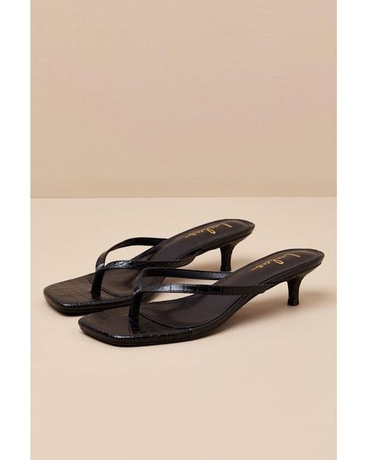 Lulus Black Massima Croc-Embrossed Kitten Heel Thong Sandals