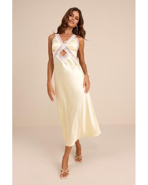 Lulus Natural Camara Pale Satin Lace Slip Midi Dress