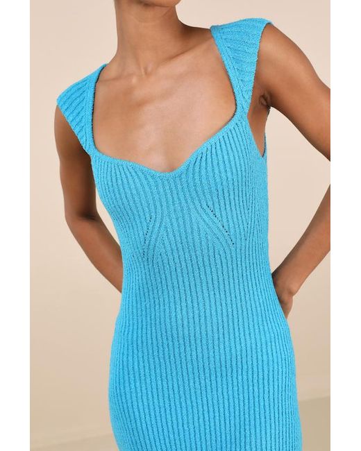 Lulus Blue Chiara Ribbed Knit Cap Sleeve Midi Dress