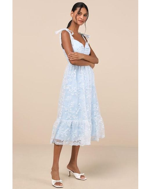 Lulus Blue Distinctly Sweet Floral Embroidered Tie-Strap Midi Dress