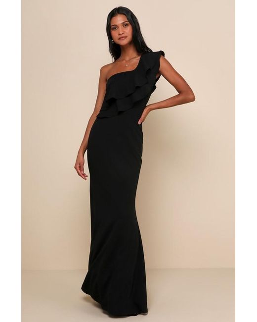 Lulus Black Grand Beauty Ruffled One-Shoulder Mermaid Maxi Dress