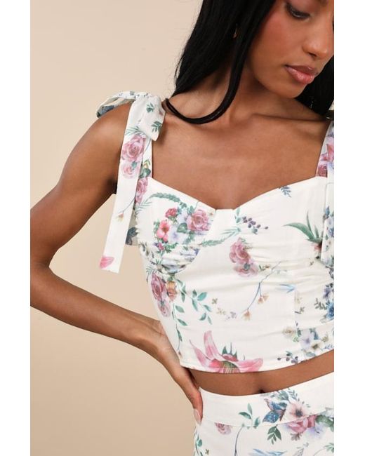Lulus White Beautifully Chic Floral Tie-Strap Bustier Top