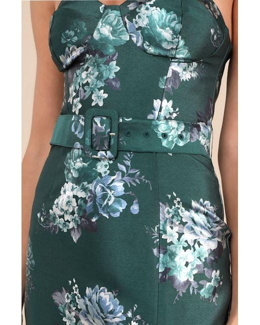 Lulus Blue Luxe Sweetie Emerald Floral Taffeta Belted Strapless Maxi Dress