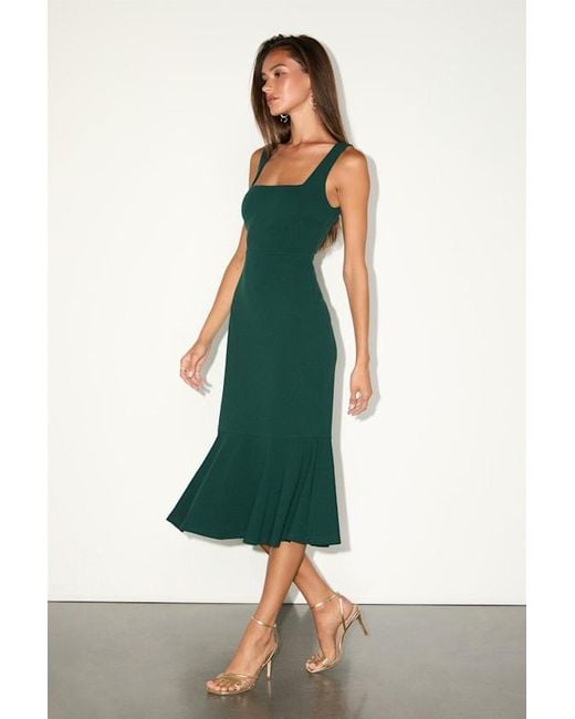 Lulus Green Moment Maker Emerald Square Neck Trumpet Midi Dress