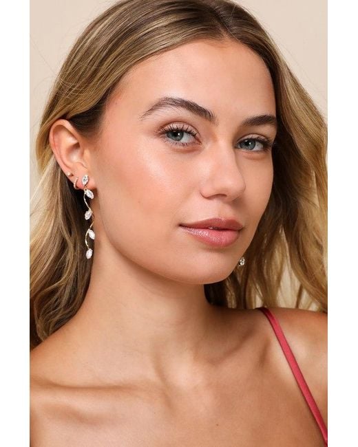 Lulus Natural Tenderly Twining Rhinestone Twisted Leaf Drop Earrings