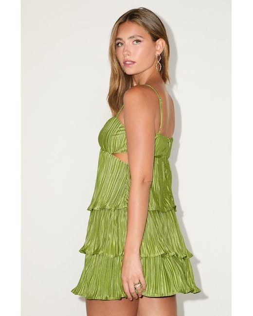 Lulus Sleek Dedication Satin Plisse Cutout Tiered Mini Dress in Green | Lyst