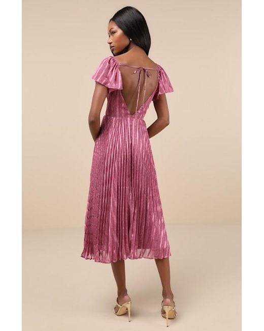 Lulus Pink Standout Sophistication Lurex Flutter Sleeve Midi Dress