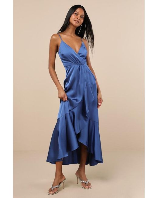 Lulus Blue Enchanted Moments Satin Ruffled High-Low Dress