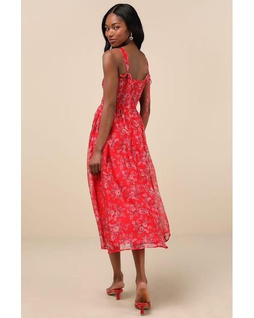 Lulus Red Francesca Floral Sleeveless Midi Dress