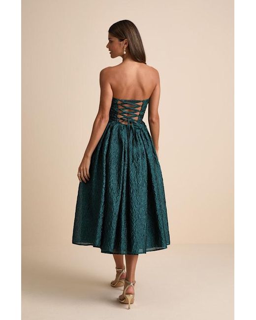 Lulus Blue Analeia Dark Jacquard Lace-Up Strapless Midi Dress