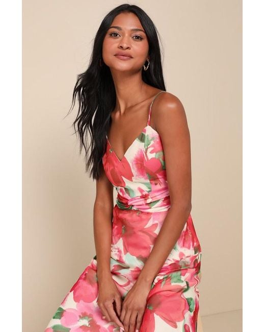 Lulus Red Beautiful Entrance Multi Floral Twist-Front Midi Dress