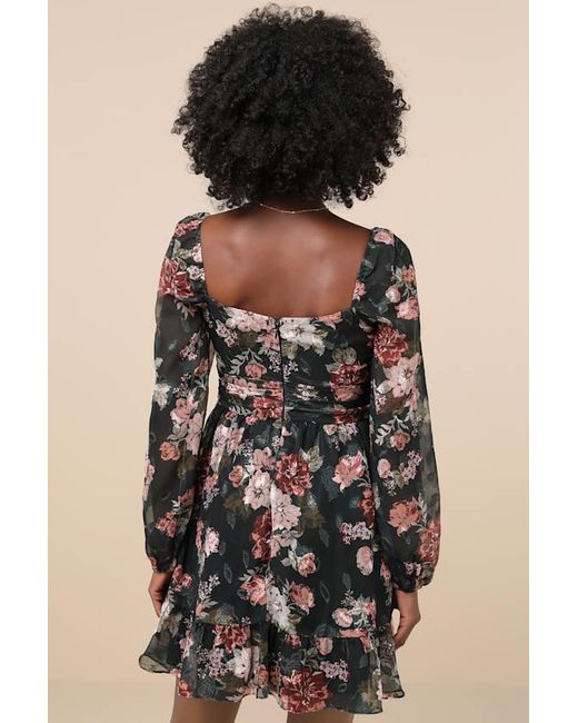 Lulus Black Truly Adorable Floral Burnout Balloon Sleeve Mini Dress