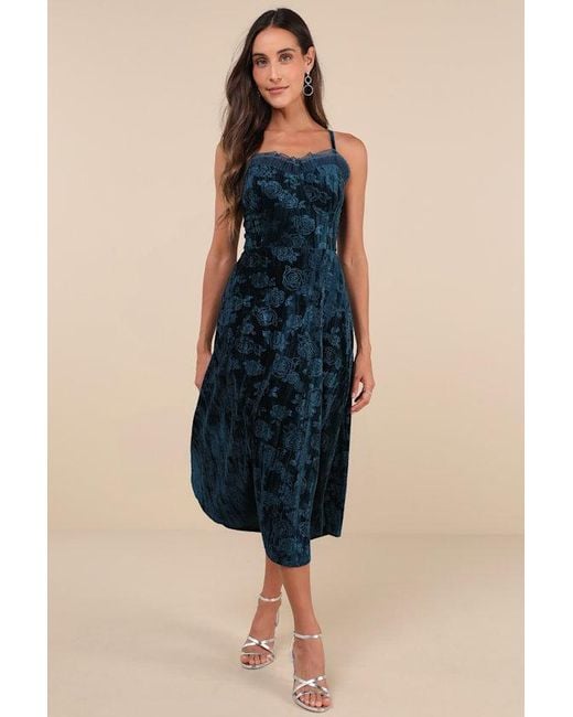Lulus Blue Considered Glamour Dark Crushed Velvet Buster Midi Dress