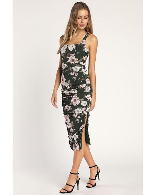 Lulus Green V.I.P. Treatment Floral Mesh Ruched Bodycon Midi Dress