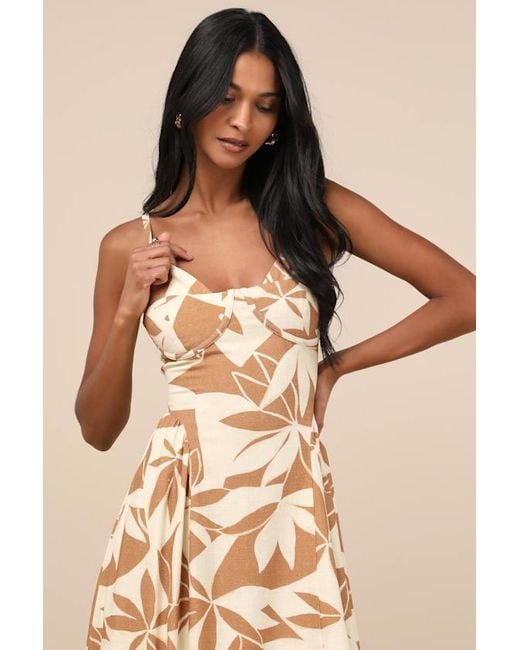 Lulus Natural Veris Cream And Floral Bustier Midi Dress