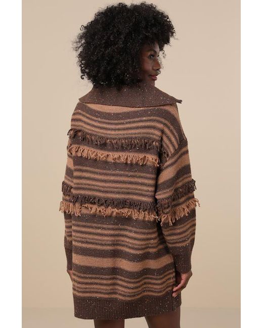 Lulus Natural Ultimate Coziness Striped Quarter-Zip Sweater Mini Dress