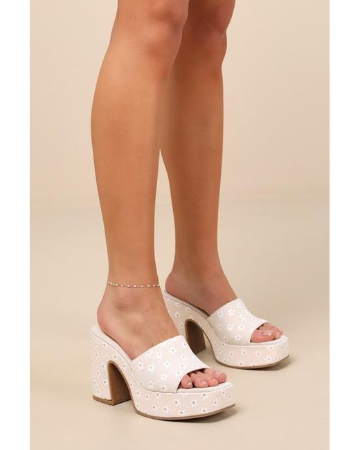 Lulus Natural Drexel Floral Platform Slide Sandals