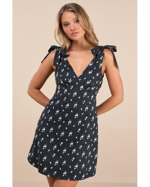 Lulus Gabriella Floral Tie-Strap Mini Dress in Black | Lyst UK