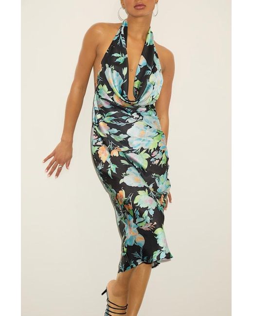 Lulus Green Nuliana Multi Floral Satin Backless Midi Dress