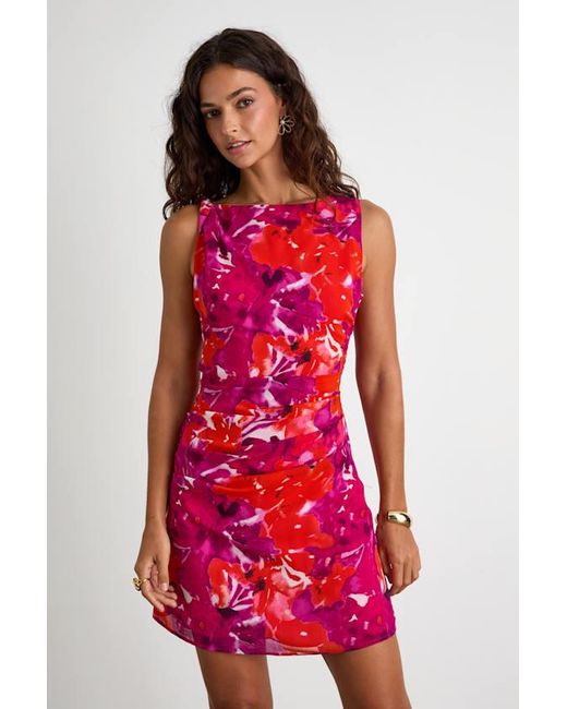 Lulus Red Roanes Floral Boat Neck Pleated Mini Dress