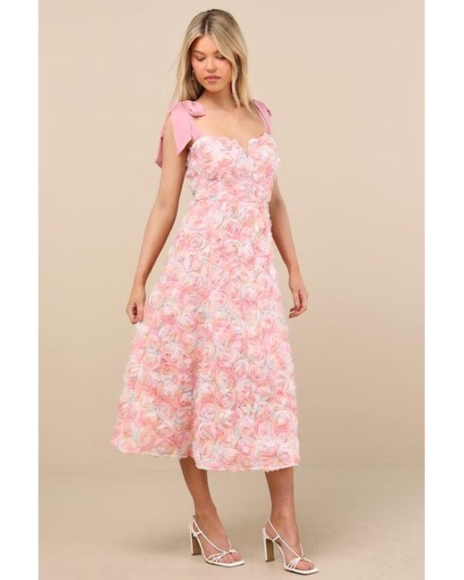Lulus Pink Tarina Multi 3D Rosette Tie-Strap Midi Dress