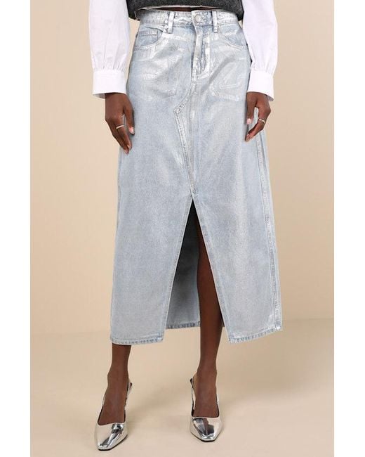 Glamorous Blue Modern Shine Light Wash Metallic Coated Denim Midi Skirt