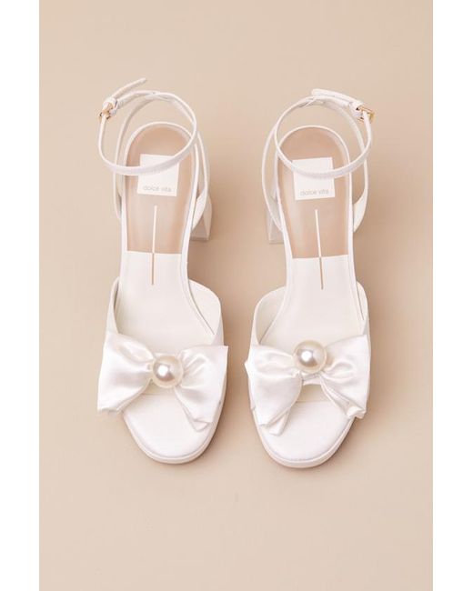 Dolce Vita Natural Patton Satin Pearl Bow High Heel Ankle Strap Sandals