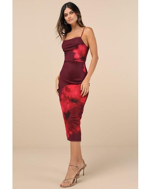 Lulus Red Jaela Floral Mesh Sleeveless Bodycon Midi Dress