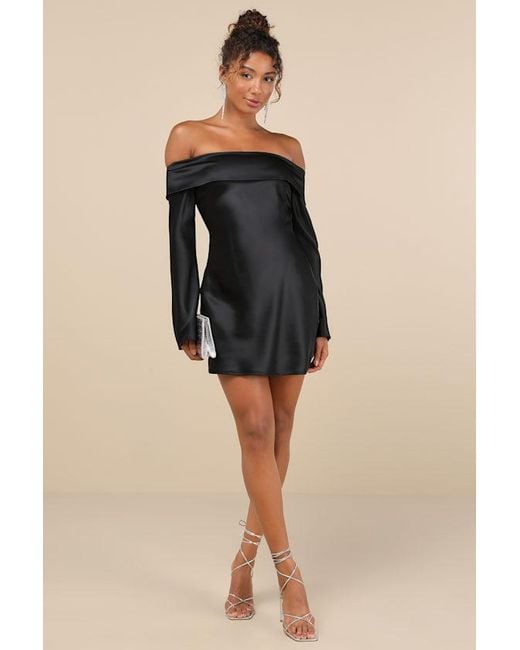 Lulus Black Luxurious Vision Satin Off-The-Shoulder Mini Dress