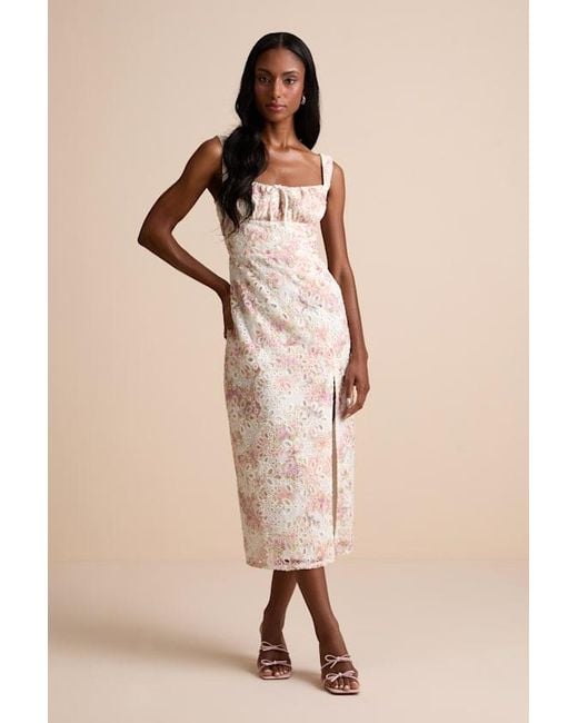 Lulus Natural Andrea Floral Embroidered Column Midi Dress