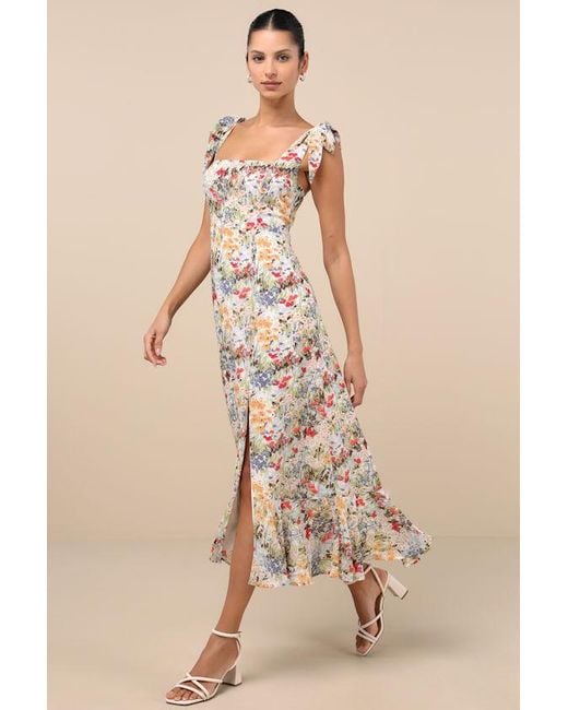 Lulus Natural Summer Invite Multi Floral Tie-Strap Tiered Midi Dress