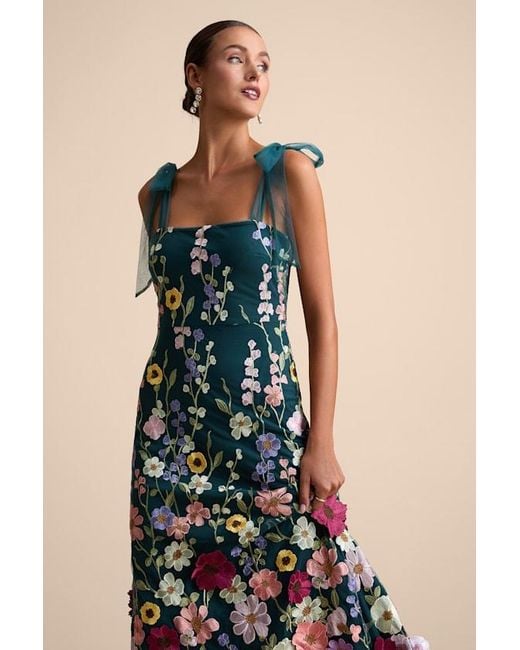 Lulus Blue Thriving Poise 3D Floral Embroidered Tie-Strap Maxi Dress