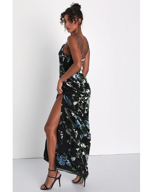 Lulus Black Chic Romantic Burnout Velvet Floral Cowl Neck Dress