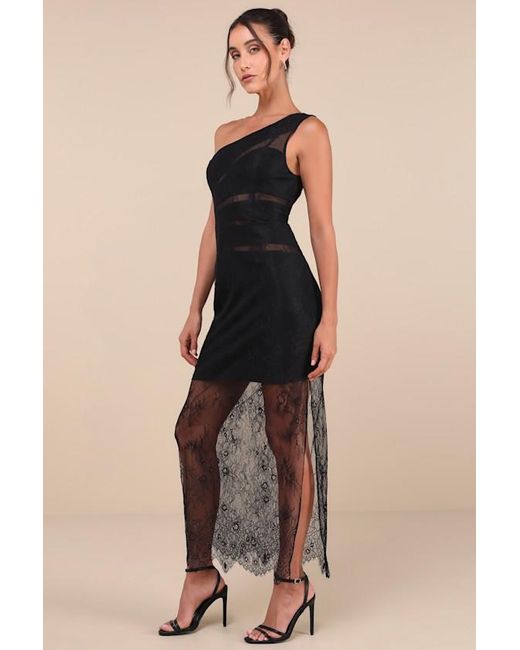 Lulus Black Sensational Flirt Sheer Lace One-Shoulder Maxi Dress