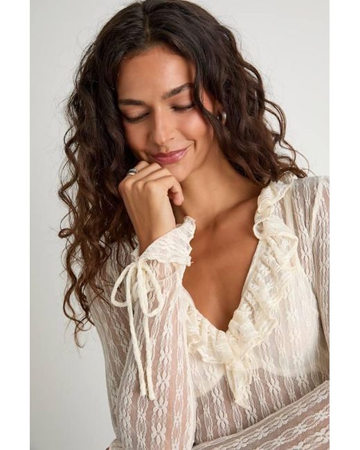Lulus White Lindley Cream Sheer Lace Ruffled Long Sleeve Top