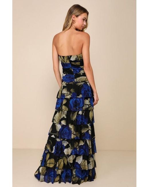 Lulus Women's Blue Phenomenal Aura Floral Ruched Tiered Strapless